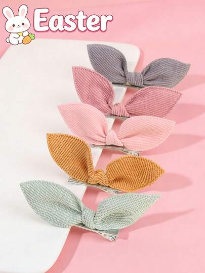 5PCS Cute Easter Rabbit Ear Bow Hair Clips, Solid Color Hair Bows For Girls, Casual Fabric Daily Hair Clips, Suitable For Teens Multifunctional Crocodile Clips, Easter Hair Accessories