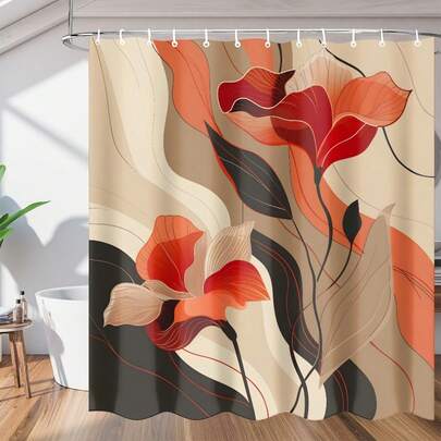 1pc Fashionable Abstract Floral Shower Curtain, Color Blocked Floral Printed Shower Curtain, Suitable For Various Room Decorations, Bathroom Partitions, Shower Curtains, Bathtub Curtains