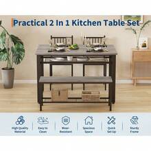 Juego de mesa y sillas de cocina estilo rústico para 4 personas, mesa de comedor moderna de 120 cm con banco y sillas, estante de almacenamiento y estructura de metal, ideal para ahorrar espacio en el comedor, la cocina o el apartamento. - Gris - Ver 9