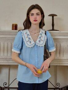 Simple Retro Women's Spring - Summer Fresh Doll - Collar Embroidered Lace Woven Shirt - Blue - View 1