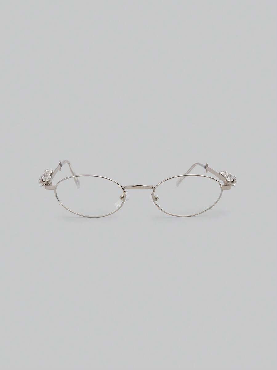 DareSee 1pc Fashionable Small Frame Oval Rhinestone Decor 9-Carat Women's Indoor Computer Reading Outdoor Versatile Decorative Clear Lens Glasses Music Fest - Clear - View 1