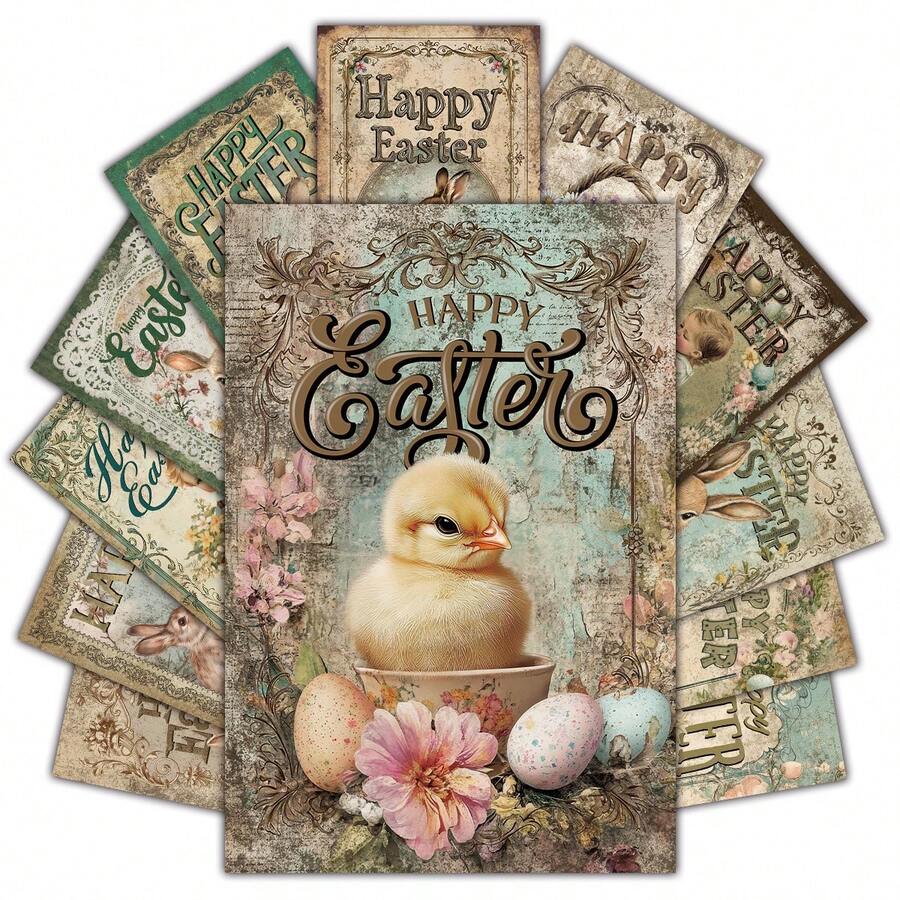 12 piezas Tarjetas postales vintage de Pascua con conejitos y huevos felices, pequeños carteles retro de vacaciones para decoración del hogar y dormitorio, kit de collage de pared de Pascua, tarjetas decorativas de primavera para coleccionar y regalar - Pascua de Resurrección - Ver 1