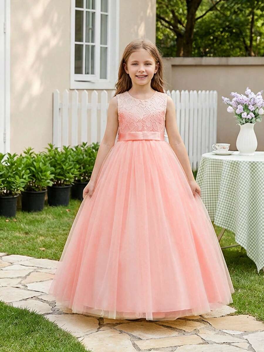 Flower Girls Vintage Lace Wedding Maxi Dress Floor Length Bridesmaid Party Long Pageant Princess Communion Boho Dance Gown - 粉色 - 查看 1