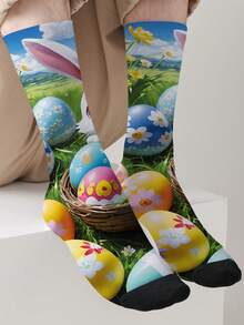 一双印有“兔子、复活节彩蛋”图案的360度复活节主题袜子，男女通用，新奇有趣，时尚耐穿。 - 彩色 - 查看 14