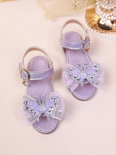 2026 New Girls' Mesh Sequin Butterfly Rhinestone Decor Non-Slip Open Toe Low-Top Sandals, With Buckle Strap, Suitable For Birthday Party/Children's Dance Activities/Weekend Family Shopping