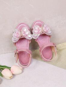 A Pair Of 2026 New-Style Girls' Glittering Butterfly Rhinestone Sequin Non-Slip Slip-On Low-Top Slip-On With Buckle Strap Flat Sandals | Suitable For School Days Outfits / Family Picnics / Children's Park Outings - Pink - View 4