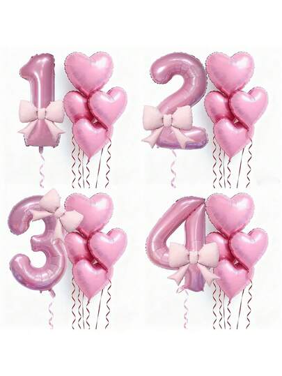 6pcs Pink Number Balloon Set Includes Heart & Bow Tie Decor 0-9 - Soft Tone Birthday Party Decorations, Suitable For Baby Shower, 1-6 Years Old Birthday Party, Birthday Party, Party Decor, Anniversary Celebration, Holiday Celebration, Backdrop, Outdoor Party Atmosphere, Photo Decor, Baby Party, Girl Birthday Party