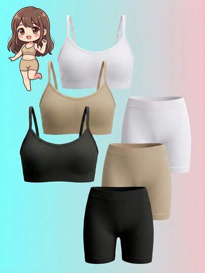 6pcs Girls Minimalist Solid Color Camisole Bralette And Boyshort Underwear Set, Multiple Colors Adjustable Straps, Black/White/Beige, Comfortable Elastic Waist Panties And Sports Bra