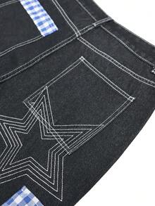 Men's Loose Star Embroidery Cargo Jeans, Streetwear Style Denim Pants - Black - View 8