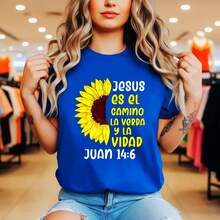 Women's Cotton Christian Graphic T-Shirt - Sunflower Jesus Quote Print Short Sleeve Round Neck Casual Top, S-5XL - 藍色 - 查看 7