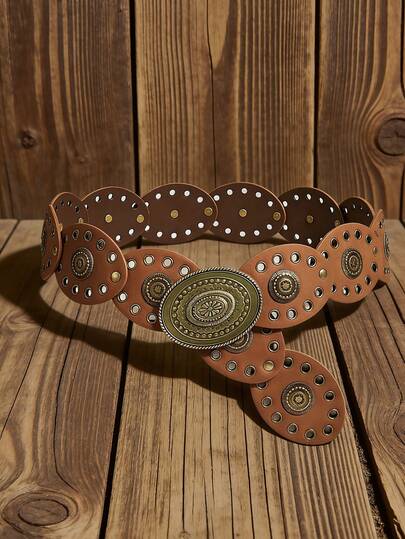 1条西部牛仔波西米亚风女士腰带，适合牛仔竞技、牛仔女郎、波西米亚风腰带、西部腰带、女士腰带、Y2K腰带、Y2K配饰、西部风格腰带、女士时尚配饰、复古金色花卉椭圆形金属扣眼拼接霓虹橙色腰带、连衣裙配饰，适合派对、海滩、音乐节等场合。