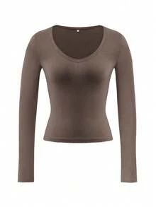 Vaiaye Women's Plus Size Fitted V-Neck Sexy Long Sleeve Y2K Spring/Summer Knit Top, Solid Color V-Neck T-Shirt, Suitable For Valentine's Day Wear - Coffee Brown - View 3