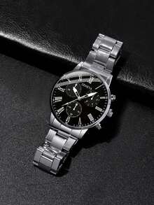 3-Piece Luxury Business Men's Watch Set, Including Black Dial Roman Numeral Quartz Watch, Black Embossed Leather Wallet, And Black Leather Keychain With Silver Ring. Multi-Functional Chronograph Design, Radiating Steady And Elegant Charm. Suitable For New Year Commute, Business Meetings, Daily Outings, And Various Occasions. - Silver - View 3