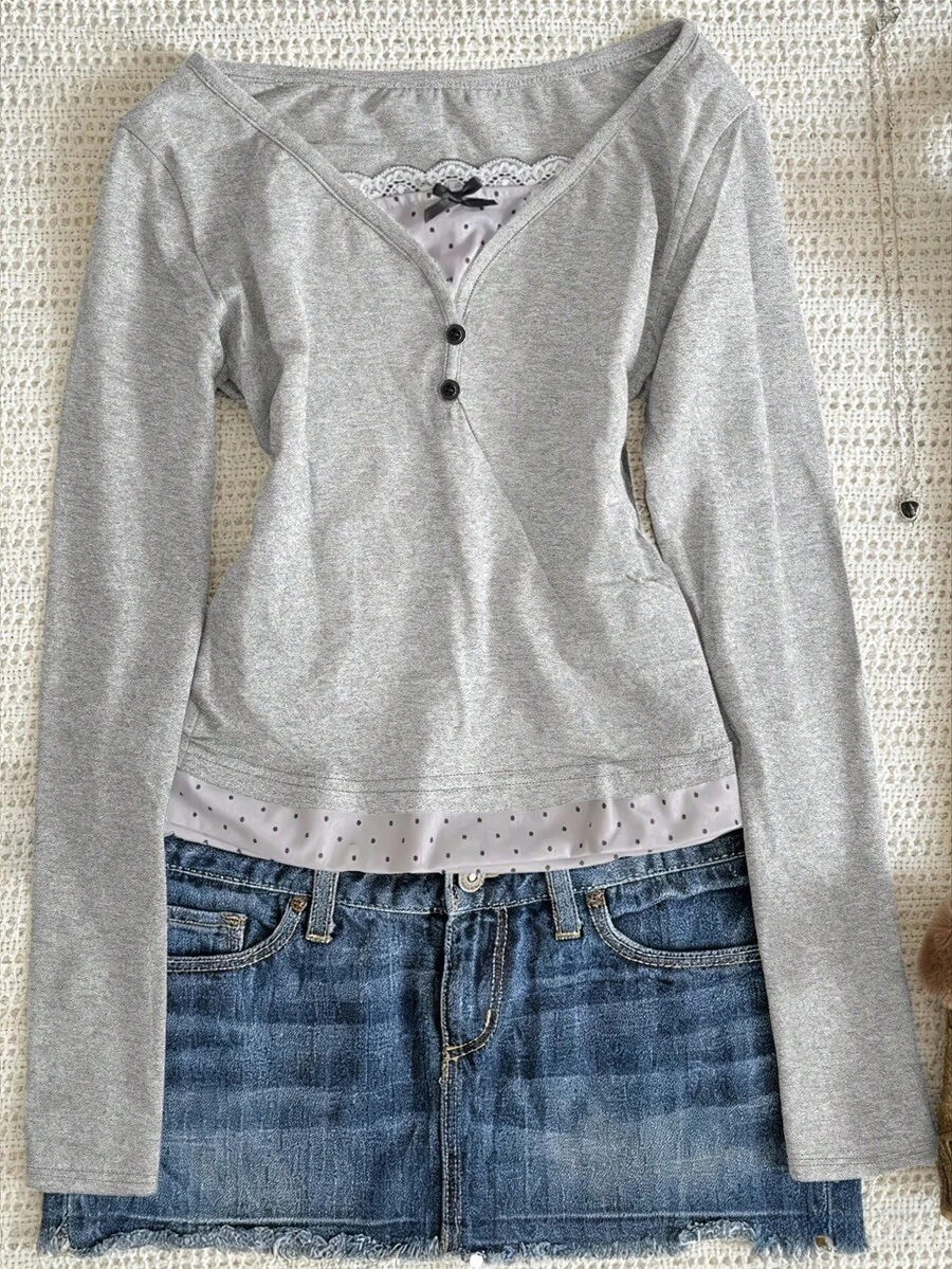 Fashionable Casual Women's Polka Dot Print Chiffon Patchwork Bow Decor Long Sleeve Top Spring