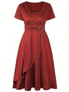 2026 Best Selling Fashionable Temperament Chic Plus Size Asymmetrical Hem V-Neck Dress Party Evening Dress Women's Evening Dress Mini Dress  Elegant    Asymmetrical  Wrap  Ring    Wedding - 酒紅色 - 查看 3