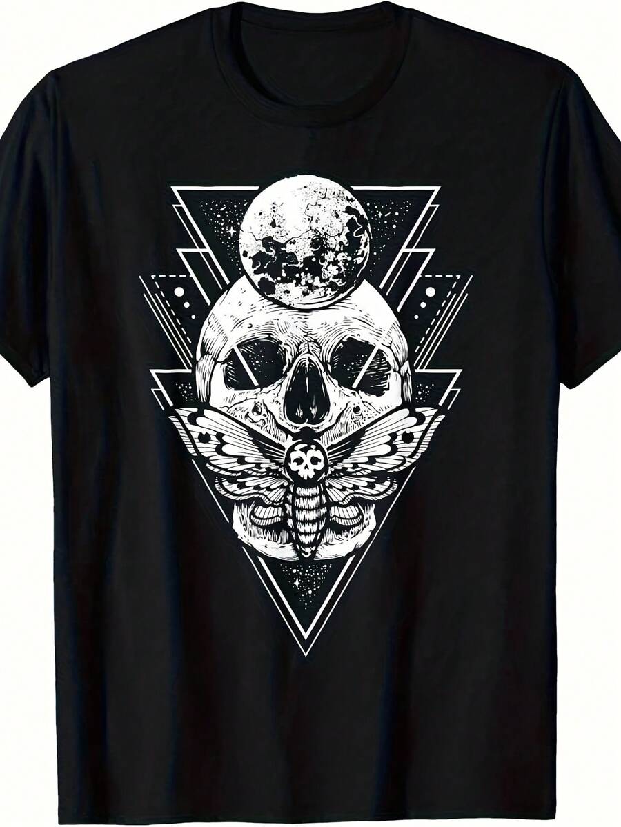 Camiseta para hombre con estampado de luna misteriosa y calavera - Algodón puro negro, diseño geométrico, informal, corte corto, cuello redondo - Negro 19 - Ver 1