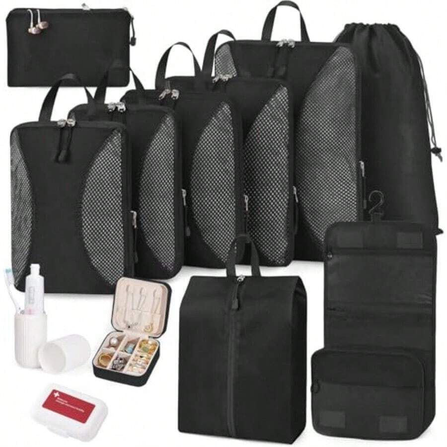 Compression Packing Cubes 12 Set Suitcase Organizers Luggage Organizer Bags Extendable Packing Cubes For Travel Compression Travel Essentials Black - Black - View 1