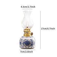 1pc Ceramic Blue & White Floral Vine Oil Lamp With Lamp Shade, Adjustable Wick Camping Fuel Lamp, Indoor Ceramic Oil Lamp Candle Holder, Kerosene Lamp With Wick, Oil Lamp/Hurricane Lamp With Flame Control Knob - 1PC - View 7