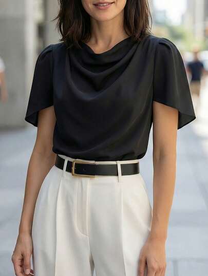 纯色简约优雅垂领衬衫，适合通勤和办公穿着