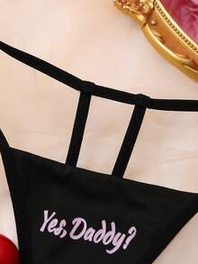 Women's Sexy Letter Print Open Crotch Funny Thong Panties - Black - View 6