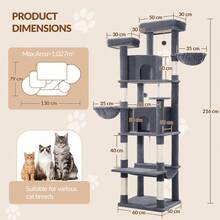 HEXCELEN Cat Tree For Large Cats, 216cm Cat Tower, Multi-Level Cats Climbing Tower With Scratching Posts, 2 Comfy Condos, 2 Perches, 2 Baskets, Hammock, For Indoor Use - Dark Grey - View 8