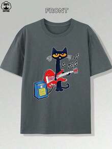 Camiseta con estampado de gatito de guitarra musical vibrante -220g, camiseta de algodón puro de manga corta y cuello redondo, camiseta de moda y casual para hombres - estampado de dibujos animados de alta calidad, suave y transpirable, perfecta para entusiastas de la música y fanáticos de los gatitos GMNI - Blanco - Ver 1
