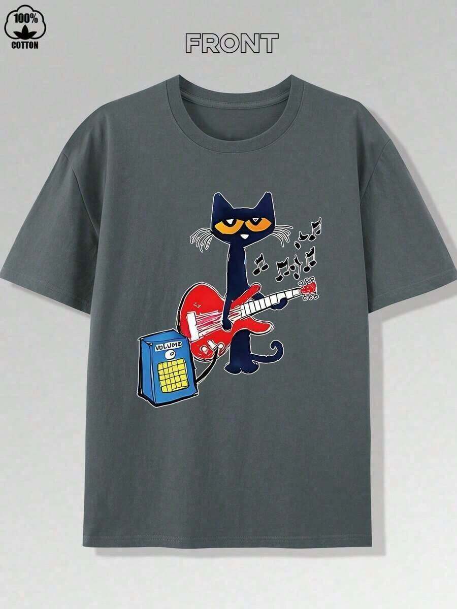 Camiseta con estampado de gatito de guitarra musical vibrante -220g, camiseta de algodón puro de manga corta y cuello redondo, camiseta de moda y casual para hombres - estampado de dibujos animados de alta calidad, suave y transpirable, perfecta para entusiastas de la música y fanáticos de los gatitos GMNI - Blanco - Ver 1