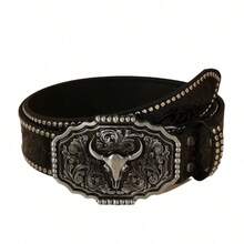 Western Polygon Bull Skull Buckle Cowboy Style PU Leather Belt, Alloy Buckle, Bohemian - A - View 9