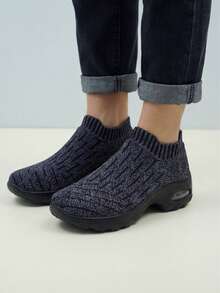 女士全黑休闲运动鞋，缓冲减震针织袜鞋，适合运动和跳舞 - 灰色 - 查看 6