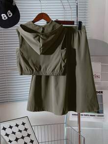Tween GirlsCasual Streetwear Sleeveless Hooded Crop Top And High Waist Skirt Set - Army Green - View 2