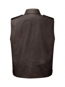 Risissida 女士简约时尚无袖夹克外套，适合秋冬季户外旅行，皮革女式夹克 - 咖色 - 查看 2