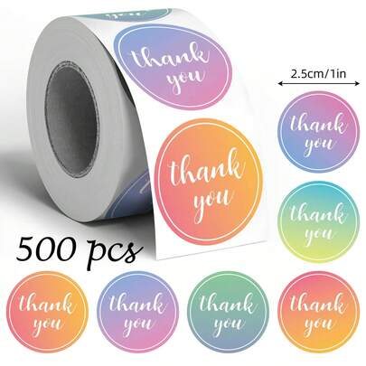 500张彩色英文“谢谢”圆形贴纸，1英寸，6种图案，适用于派对、生日、婚礼装饰、礼品包装、DIY，PVC材质不干胶贴纸