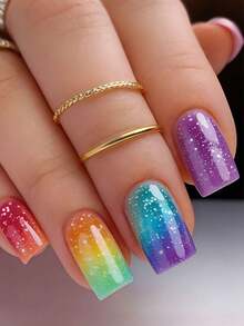 24片彩虹渐变闪粉短棺材形假指甲 - 鲜艳的渐变色和闪亮效果，自粘凝胶美甲，适合骄傲月/派对 - 彩色 - 查看 3