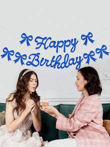 闪光“生日快乐”拉旗，海军蓝领结生日快乐横幅，生日派对装饰拉旗，领结生日主题拉旗，领结生日派对装饰 - 藍色 - 查看 2
