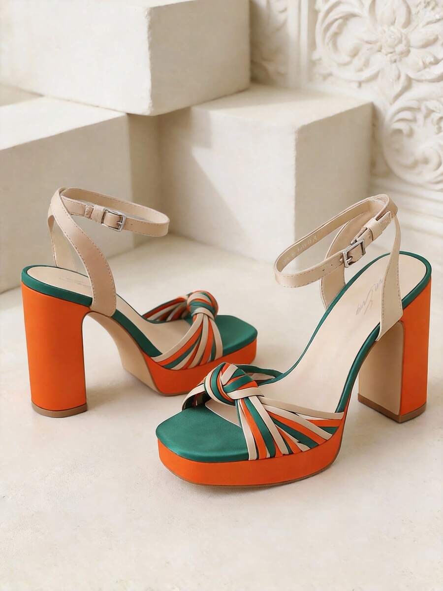 Elegant Platform Sandals For Women Summer Orange Sandals Twist Front Chunky Heels Open Toe Sandals Ankle Strap Heels Detail Prom Heels Zapatos De Mujer Elegantes - 橘色 - 查看 1
