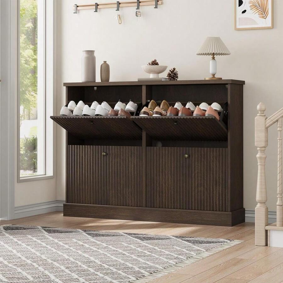Space-Saving Shoe Cabinet Organizer With 4 Flip-Down Drawers & Adjustable Shelves, Narrow Freestanding Wooden Storage For Entryway Hallway - màu nâu - Xem 1