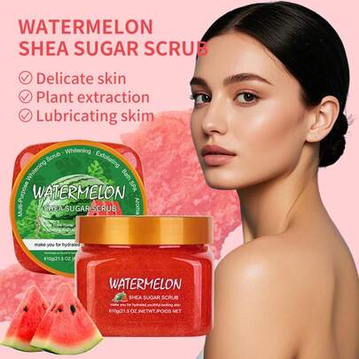 WWP 西瓜乳木果糖磨砂膏 610克 尽情享受多汁西瓜的清新滋味！这款糖磨砂膏融合了乳木果油的保湿功效和温和去角质成分，有效去除暗沉，淡化黑斑，令肌肤焕发年轻水润光泽。每次使用都如同享受水疗般的沐浴体验——肌肤会感谢您给予的滋养和丝滑触感。