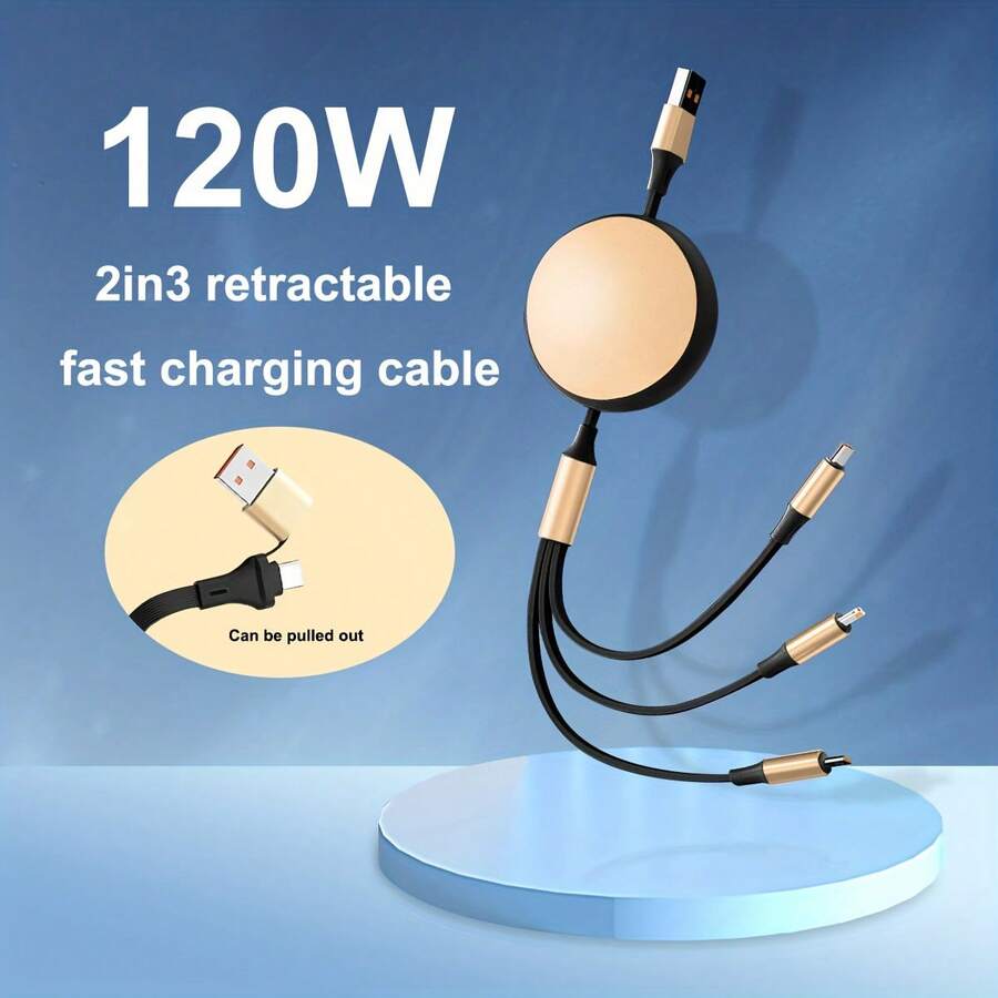 120W 铝合金三合一可伸缩数据线，耐用快速充电线，带 USB/Type-C 端口，高效数据传输，兼容 17/16/15/14/13/12/11/Xs/Xr/8/7/6、S25 Ultra/S25/S24/S23/S22/S21， - 彩色 - 查看 1