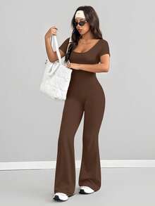 AITYI Studio 女士连体裤，修身剪裁，休闲 U 领纯色时尚性感舒适修身款，适合户外运动，适合毕业典礼、新年、情人节、狂欢节等场合，四季皆宜，弹力针织短袖喇叭裤连体裤 - 棕色 - 查看 7