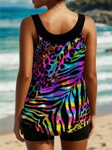 Ladies' Colorful Animal Print Plus-Size Tankini Swimsuit Set, Featuring A Unique Blend Of Leopard And Zebra Patterns, With A Slim-Cut Design That Flatters The Figure And Conceals Excess Weight. Ideal For A Fashionable Beach Look. - màu sắc - Xem 4