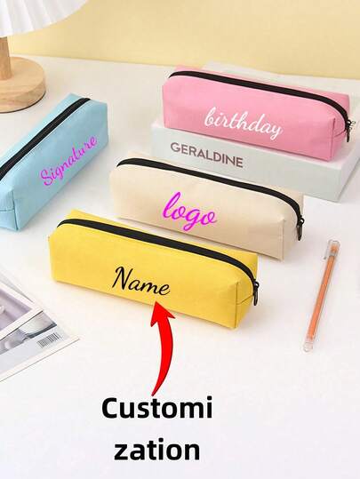 Customized Text & Graphic Minimalist Oxford Cloth Solid Color Pencil Case, Large Capacity Pencil Box, Customized Pattern Exam Pencil Case, Small Exquisite Back To School Stationery Box, Customized Logo, Multi-Functional Reusable Modern Decor