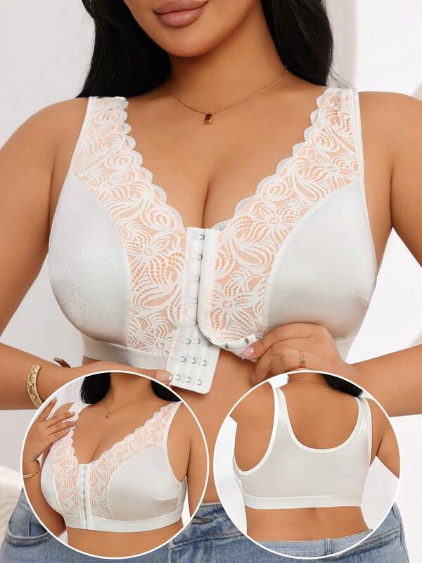 1 pieza Sujetador sin costuras con cierre delantero de encaje y sin aros, sujetador elástico sin espalda para mujeres de talla grande