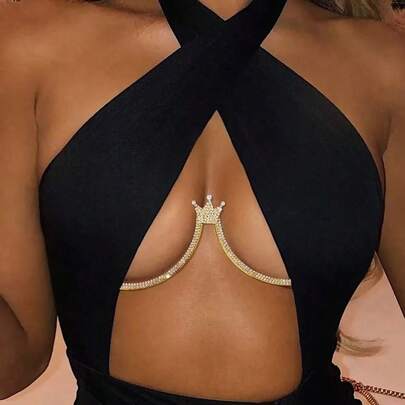 Sujetador con diseño de corona brillante, top corto elegante, joyería de cadena corporal