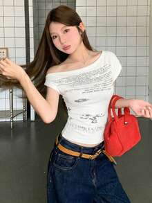 女士不对称肩部短袖T恤，独特设计，甜美性感小码露脐上衣，夏季 - 白色 - 查看 3