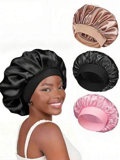 3pcs/2pcs Silk Sleep Cap, Satin Hair Cap, Soft Elastic Band Silk Sleep Cap, Curly Hair Silk Headband, Women Solid Color Wide Brim Elastic Silky Satin Fashion Sleep Cap, Casual Comfortable Breathable Daily Style Hair Care Cap, Back To School