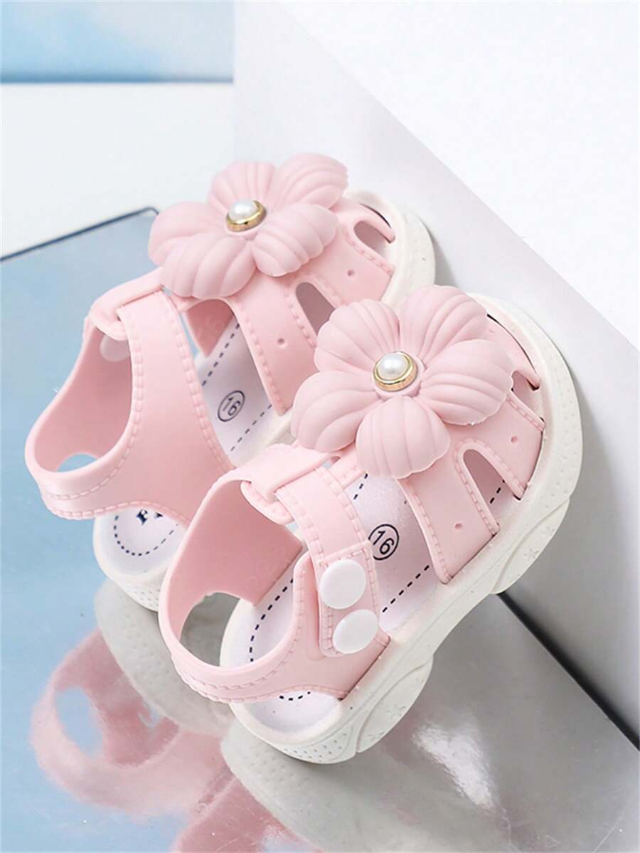 1双粉色碎花儿童/婴儿/幼儿户外凉鞋,沙滩鞋,雨鞋,软底防滑,魔术贴搭扣,时尚纯色可爱露趾凉鞋,透气速干,适合春夏、海滩、户外玩耍 - 粉色 - 查看 1