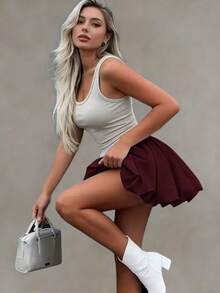 Solstice Apparel Bubble Pleated High Waist A-Line Mini Skirt, Burgundy Woven Fabric, Suitable For Commute, Daily Wear, Date, Spring/Summer, Valentine's Day - Burgundy - View 6