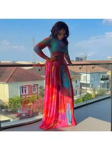 Women's Clothing Retro Pleated Printing Splicing Waist A-Shaped Skirt Round Neck Home Long-Sleeved Dress - 彩色 - 查看 3