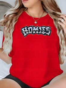 1pcs Women's Homies Letter Print T Shirt Casual 100% Cotton Round Neck Tee Streetwear Graphic Top, Gift Tee - Đỏ - Xem 1