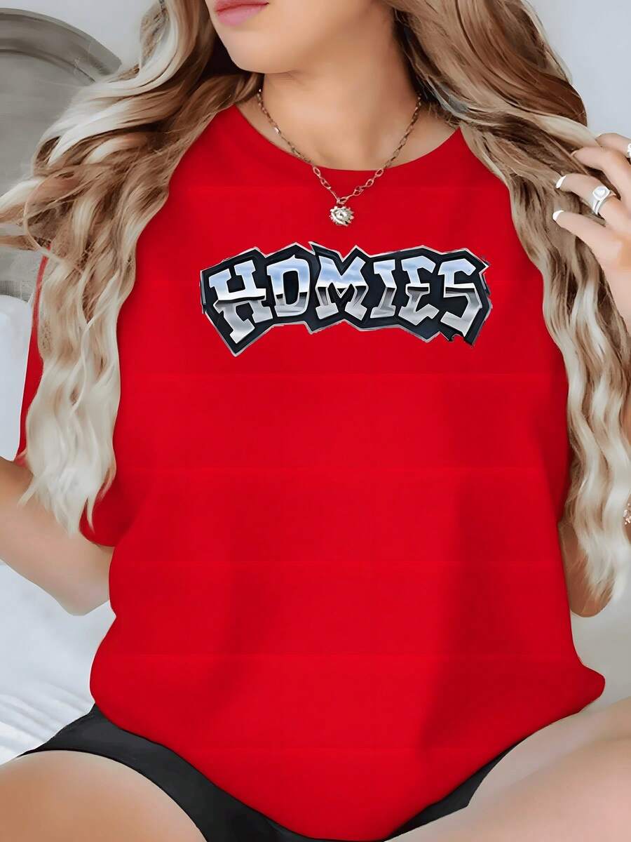 1pcs Women's Homies Letter Print T Shirt Casual 100% Cotton Round Neck Tee Streetwear Graphic Top, Gift Tee - Đỏ - Xem 1